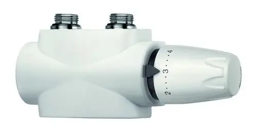 Heizungsthermostat von IMI Hydronic Engineering mit zwei Anschlüssen und verstellbarem Drehregler, in weißer Ausführung.